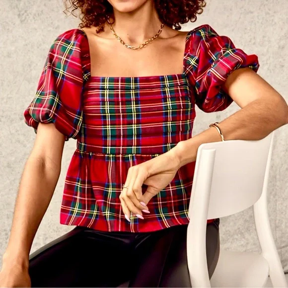 Francesca’s Collections Nicole Plaid Puff Sleeve Pleated Holiday Blouse NWT - Picture 1 of 15